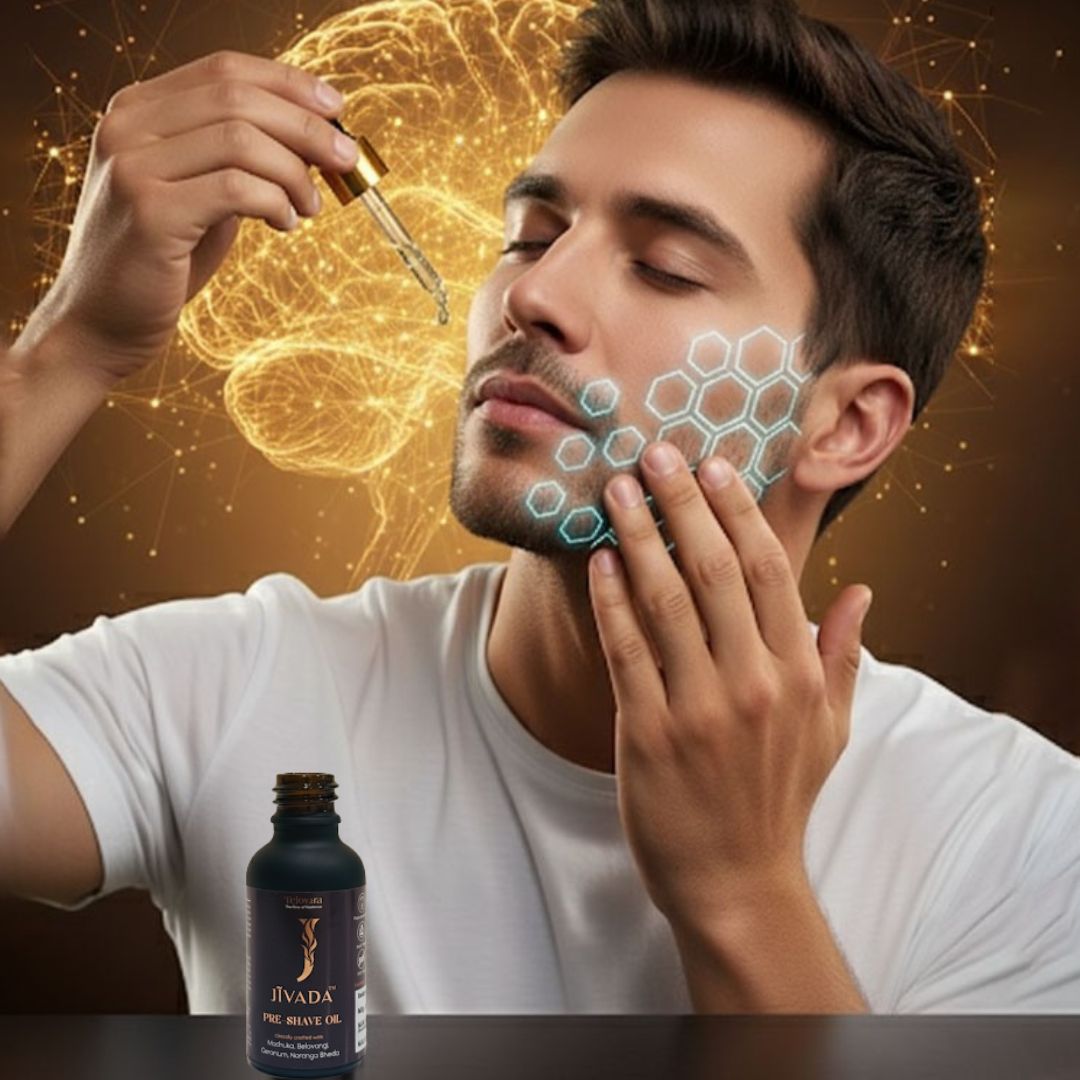 Jivada Ayurvedic Pre-Shave Oil with neurocosmatics formula having Castor Seed, Almond, Palmo Rosa, Aloe Vera for Men's Skincare, Moisturizing and Protective & for a smooth Shaving experience (30 ml)
